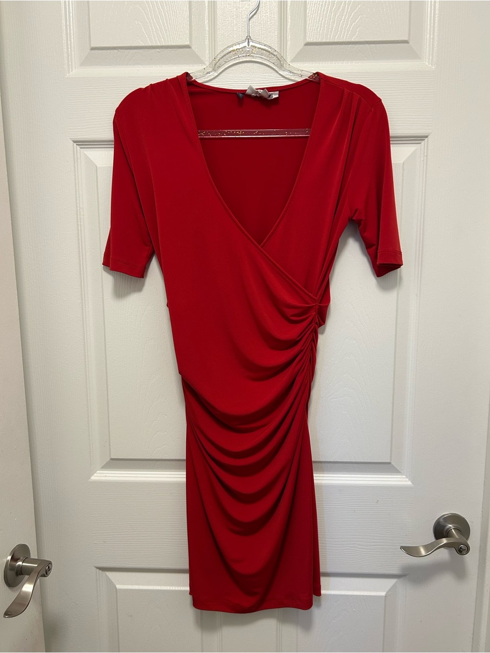 Jennifer Lopez Red Ruched Wrap-Front Midi Dress